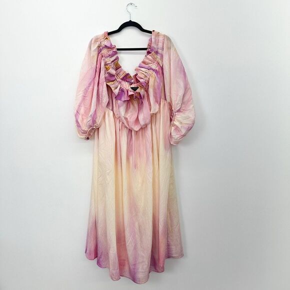 Eloquii Women’s Off The Shoulder Ruffle Pink Purple Yellow Peach Watercolor Dres - Picture 2 of 12